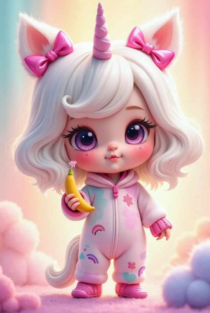 Make a simple character the cute hand, with big head, Cute girl with white hair with two bows on her head with big eyes and with a unicorn jumpsuit with a banana in her hand