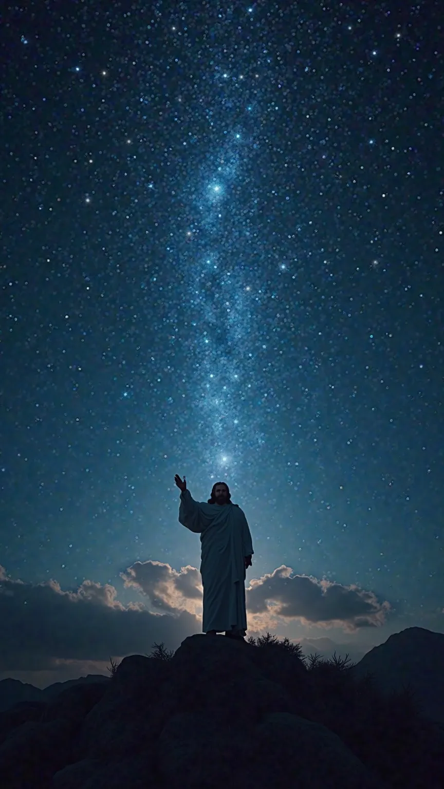 A clear night with millions of stars. Some of the brightest stars happen to form a silhouette of Jesus with one hand raised to a blessing. highly detailed, photorealistic,  professional, 8k, HDR, physically-based lighting, soft lighting,  warm shades , dra...