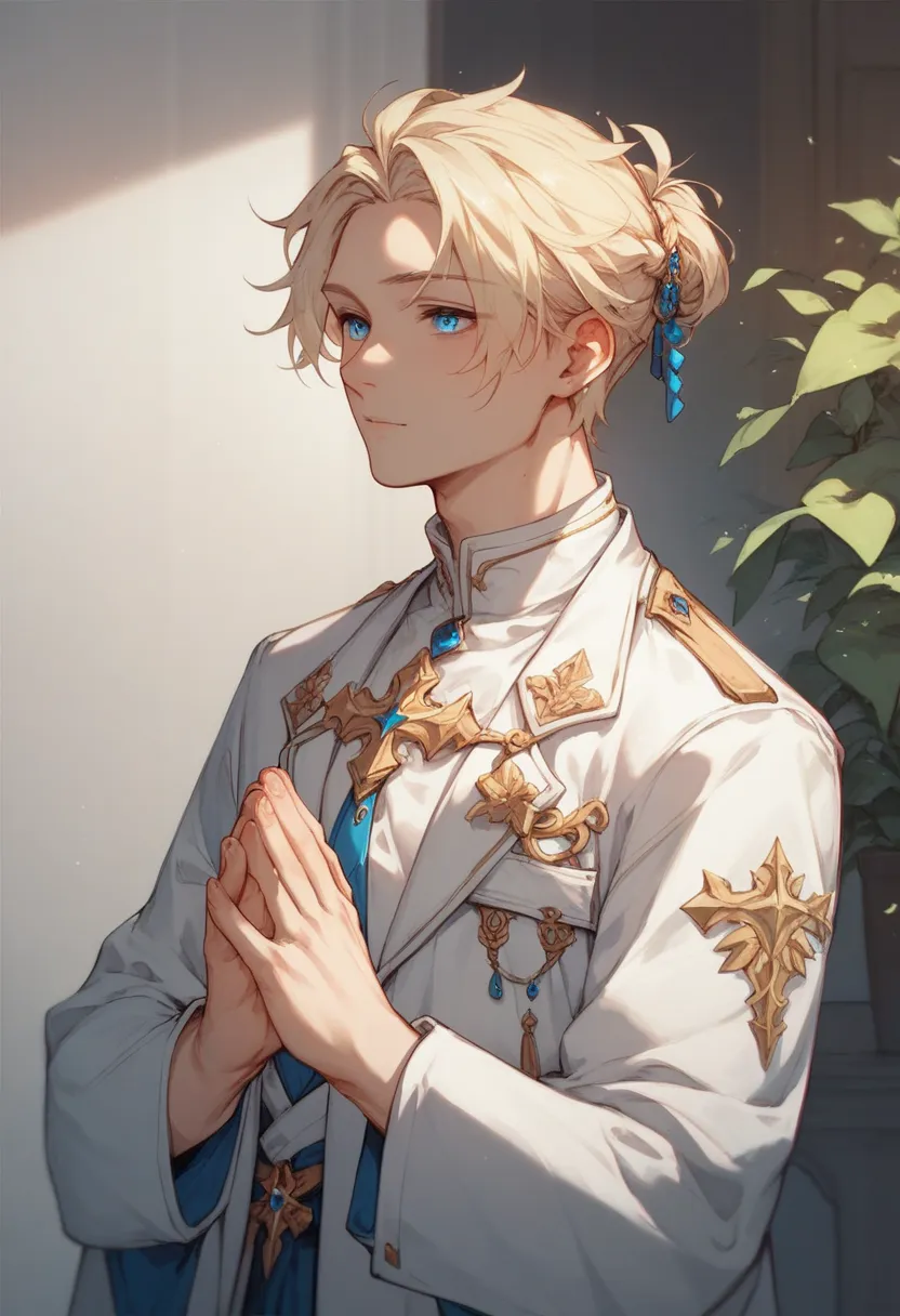 Anime angel boy drawing with slim build and fine features , blue eyes, white-skinned long blond hair , wearing a long white coat with her hands praying