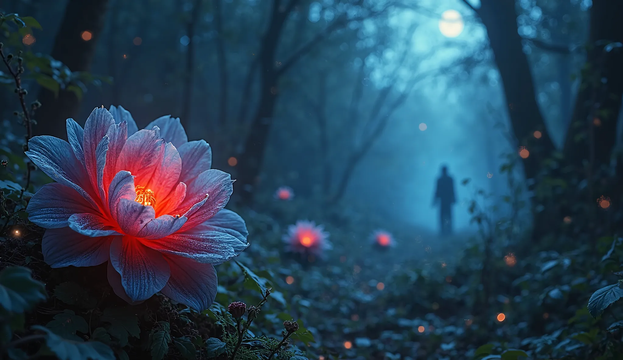 A red and blue flower, moonlight, nicely highlights this in the dark and shady forest, The ghost roams in the background 