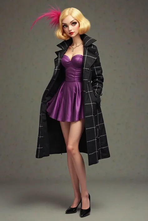 In the style of Tim Burton series, generate: a tall, blonde pin up woman with short Bob-cut hair, brown eyes, a long pink feather in her hair, a short purple satin dress, an open black plaid overcoat and black pumps 