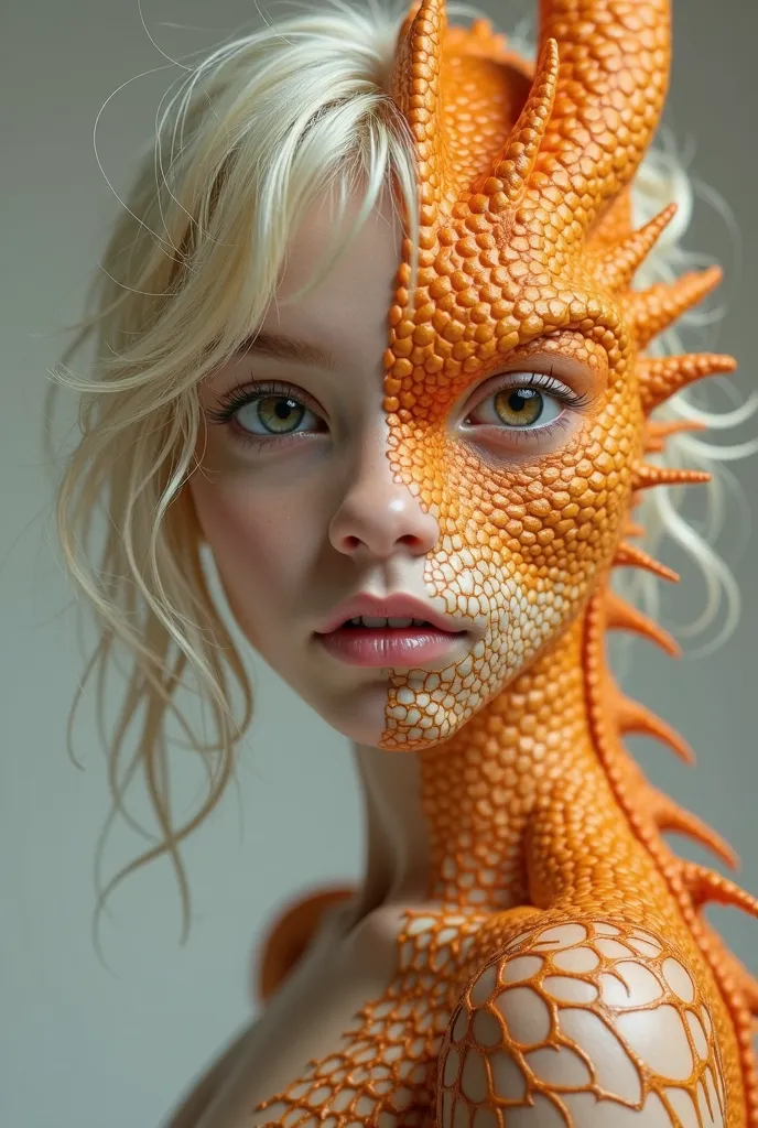 Avatar Twitter young girl looking straight ahead with my facial features half blonde hair bangs and green eyes and half of the photo an orange dragon 