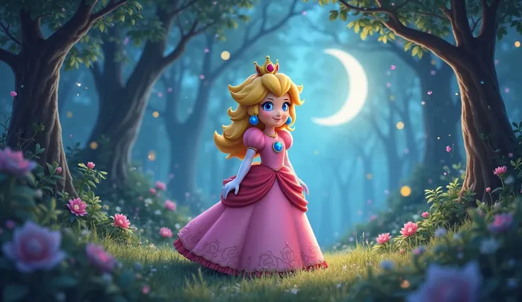 Super cute Princess Peach in dreamworks art style, Night background IN AN ENCHANTED FOREST