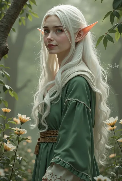 A female elf with white eyes, white hair, pale skin, a green tunic with a cuffed white dress, and a warm smile on her face