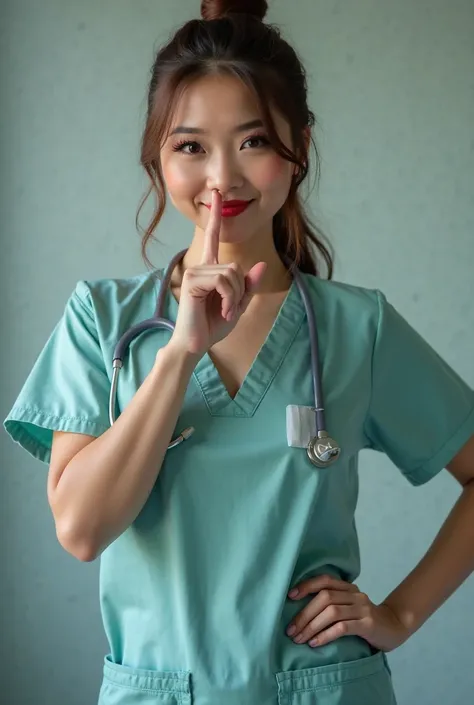 7/8 body shot, image of a sexy 20 year old beautiful nurse with beautiful big breasts and provocative cleavage, tied hair, clothing that fits tightly to the body, defining its shape, she leans forward sticking her ass out behind, red lipstick and eye shado...