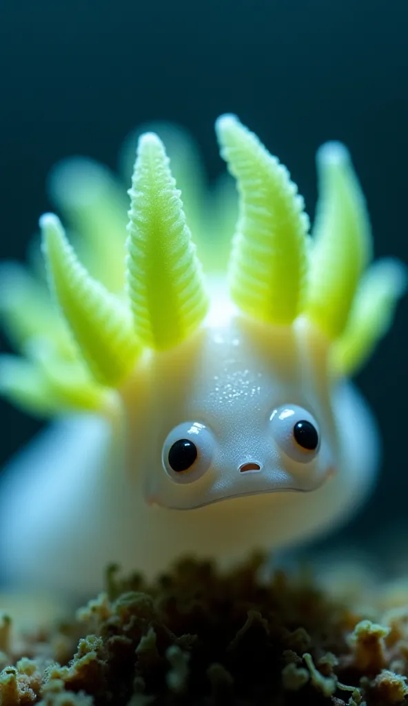 A highly detailed close-up of a Costasiella kuroshimae, also known as the "leaf sheep," an underwater sea slug with tiny black eyes, a soft white body, and vibrant green leaf-like cerata on its back, glowing softly as sunlight filters through the water.