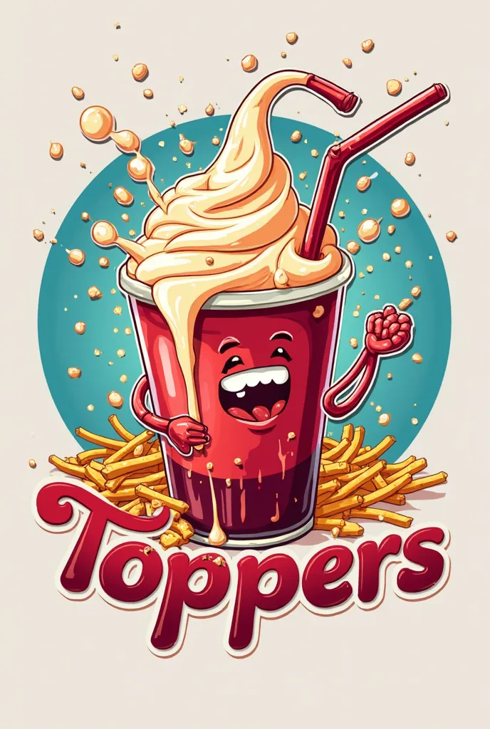 Make me a company logo name “Thirst Toppers” make it like there’s frizzy soda with syrup and fries scattered. make it instagrammable logo