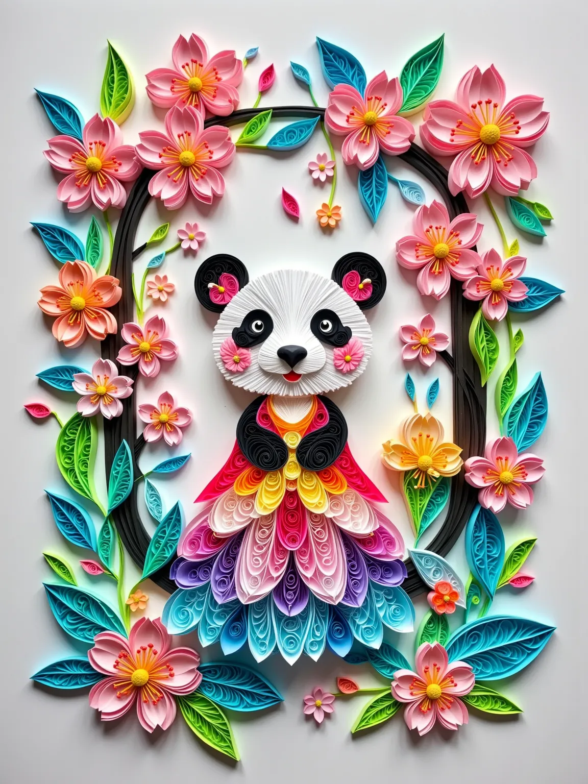 (paper art, Quilted paper art, geomerty), Yayoi Kusama, Polka Dots, Dot array, tall flowers and greenery, A cute panda, 32K,  black, White, White背景, extreme detail and texture, HD, masterpiece