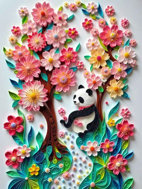 (paper art, Quilted paper art, geomerty), Yayoi Kusama, Polka Dots, Dot array, tall flowers and greenery, A cute panda, 32K,  black, White, White背景, extreme detail and texture, HD, masterpiece