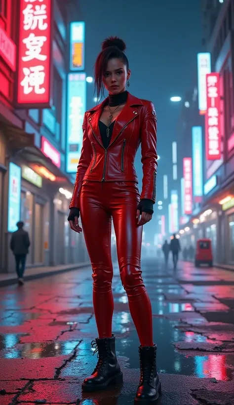 cyber punk, Women, full body, red leather suit, black boots, Mohican crest hairstyle,  at night, neon lights, laughing