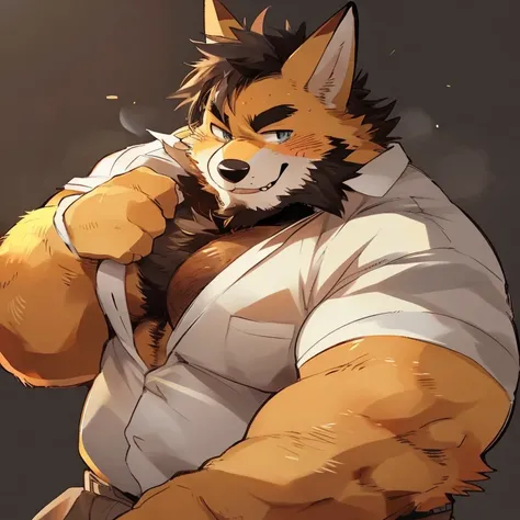 fox, furry, yellow fur, handsome, very muscular, very big, extremely hot and sexy, beard, hair, chest hair, charming eyes, solo, male, happy expression, daddy, full body, big body, clothes, middle aged, by hyaku, by darkgem, by glitter trap boy