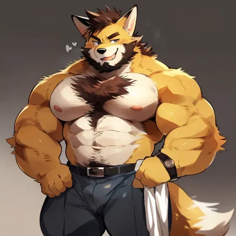 fox, furry, yellow fur, handsome, very muscular, very big, extremely hot and sexy, beard, hair, chest hair, charming eyes, solo, male, happy expression, daddy, full body, big body, clothes, middle aged, by hyaku, by darkgem, by glitter trap boy