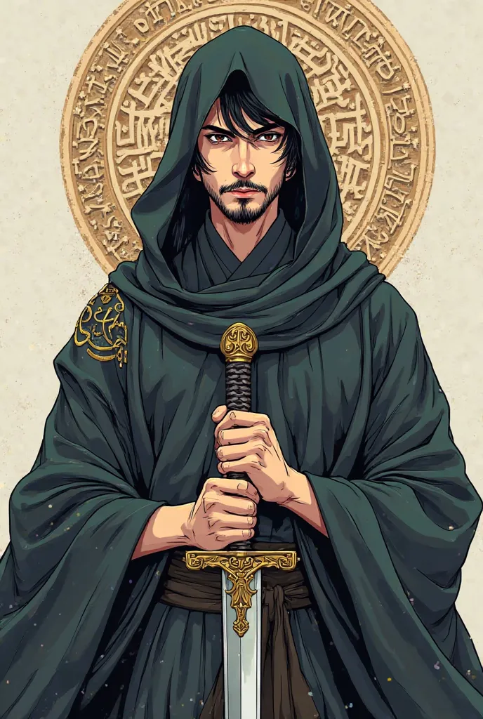 Muslim anime character with beard and hoodie with sword, THE MONOTHEST written in the background 