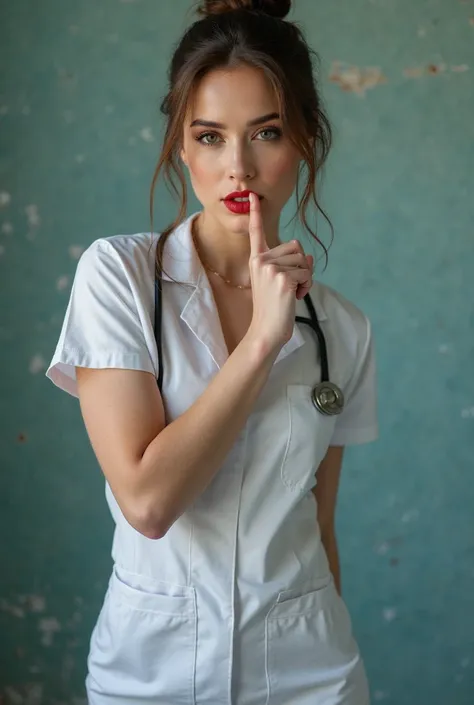 7/8 body shot, image of a sexy 20 year old beautiful nurse with beautiful big breasts and provocative cleavage, sexy woman, tied hair, clothing that fits tightly to the body, defining its shape, she leans forward sticking her ass out behind, red lipstick a...