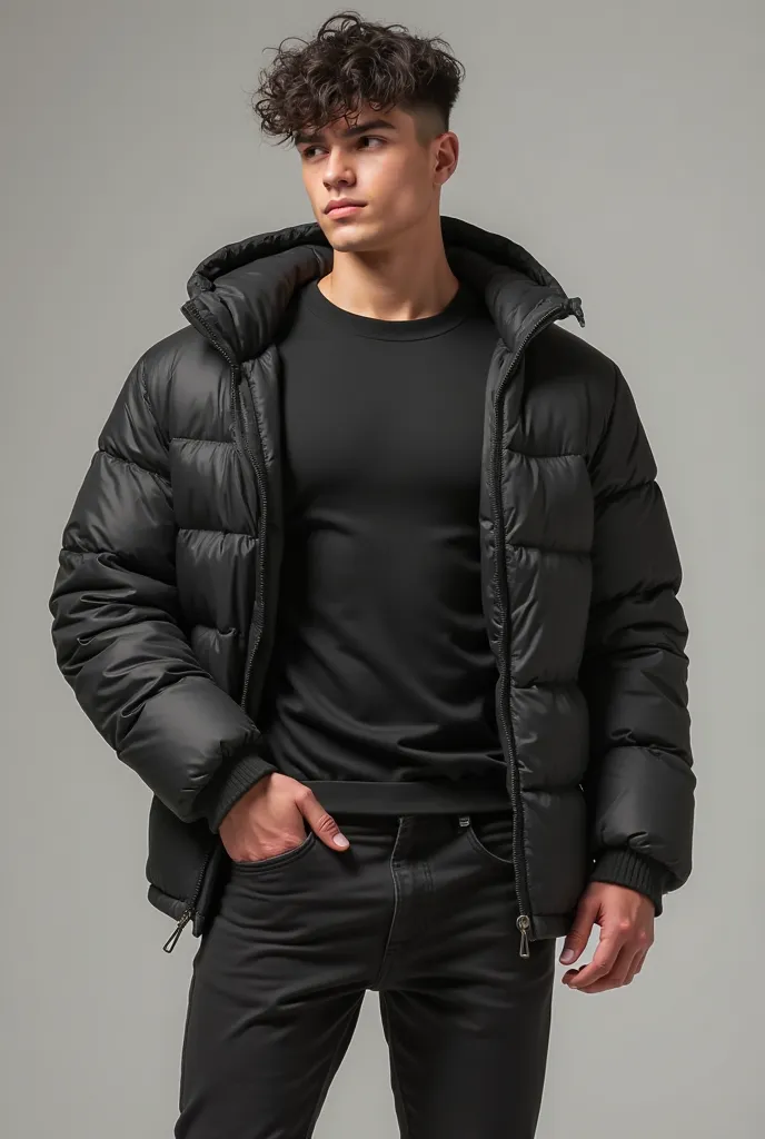 Muscular yet lean 18 year old boy in a casual pose, with a black short-sleeve compression shirt, a black baggy open puffer coat and black baggy jeans