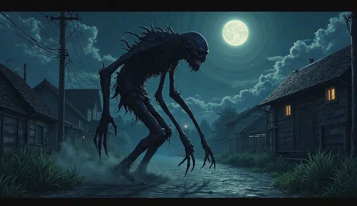 a small town disturbing creature the size of a man at night " A terrifying anime-style scene ,  with a dark and spooky environment .