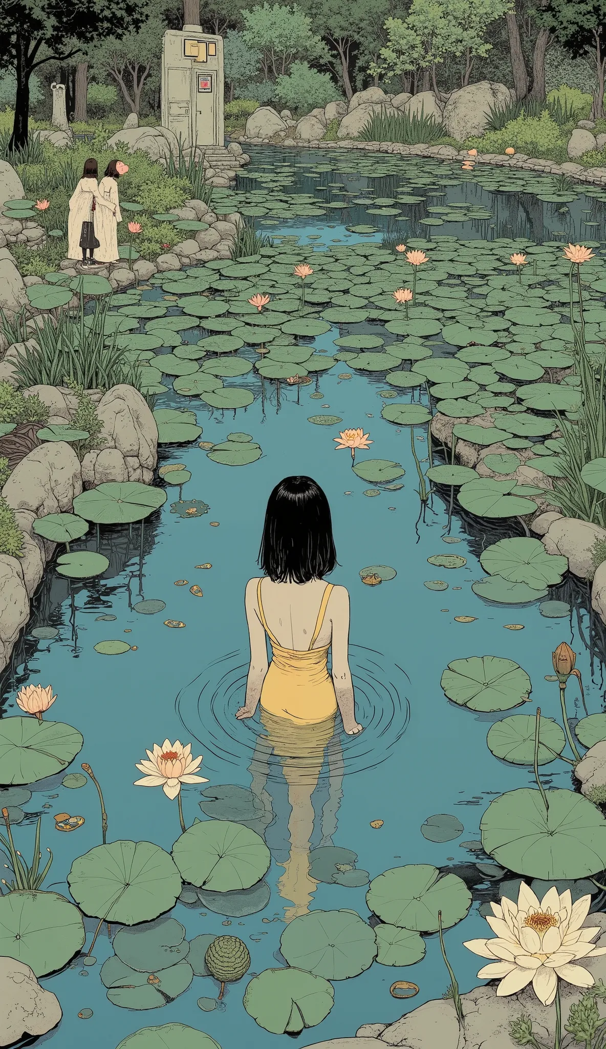 fisheye lens、viewers next to him、Monet's Painting of a High School Girl in a Swimsuit Going Through Monet's Pond、Quint Buchholz Depicting a High School Girl in a Swimsuit at a Water Lily Pond, Tumbler, conceptual art, High School Girl in a Swimsuit Swimmin...