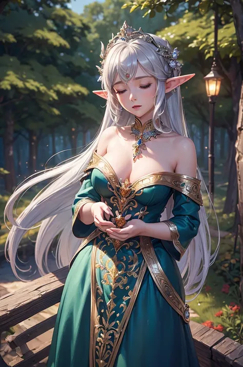 ((masterpiece)),((top quality)),((high detail)), photorealistic, elf woman, singing, long silver hair, closed eyes, Facing right, Medium Breast, Delicate decoration, Off-shoulder, orange dress, Beautiful hair ornaments, Fairy village, night, forest