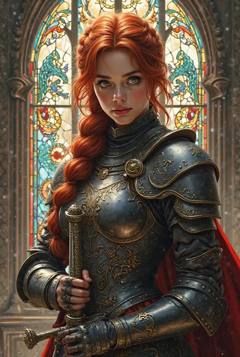 Portrait of a young red-haired girl with a braid and armor she wields a sword, around her a stained glass window of dragons 