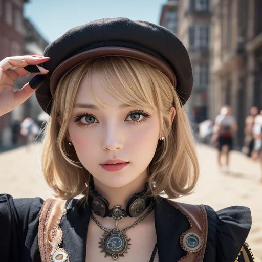 close-up,  blond short curly  girl with straight hair little red hat, Necklace Watch, (  Victorian Era ), (( steampunk)),   Cinematography  , Worked,  elegant , Close up portrait of ,  amazing on the beach,  Maximum Details ,  Extremely Hyper Aesthetic ,  ...