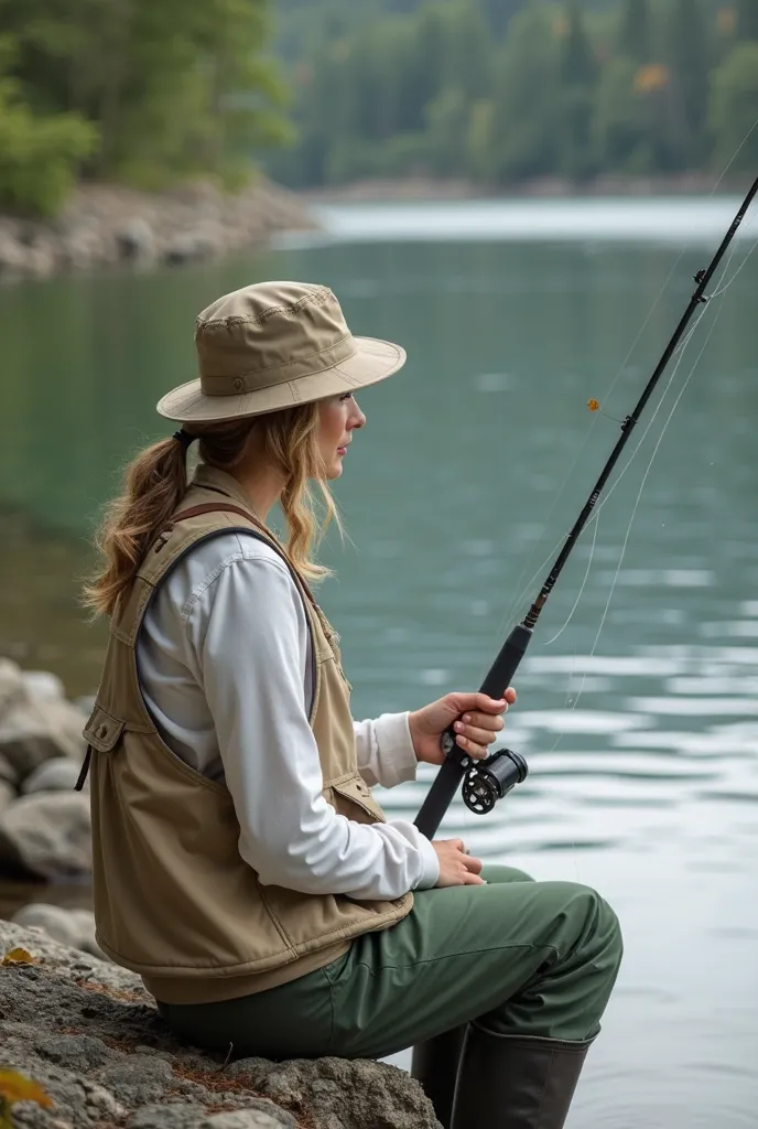 Create a highly realistic, photo-quality image of a woman fishing by a serene lake. The woman is sitting on the edge of the water, holding a fishing rod with a line cast into the lake. She is wearing a light beige fishing vest, a white long-sleeve shirt, g...