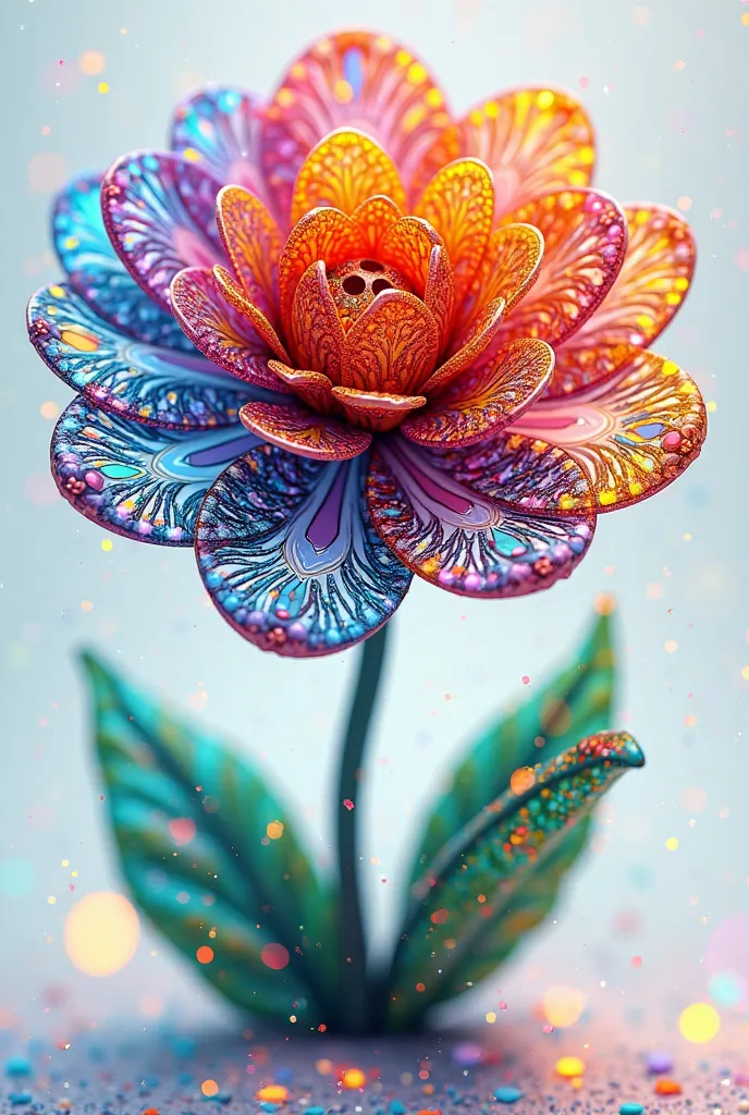 A plastic flower with a colorful and magical design of very varied mandala style colors on each petal can be colored style 