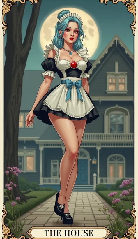 Create the tarot card the house, make a house in the background and a woman in maid clothes in front of the house, she has light blue hair tied in a high bun, her clothes are white with black and have a light blue ribbon with a round red crystal in the mid...