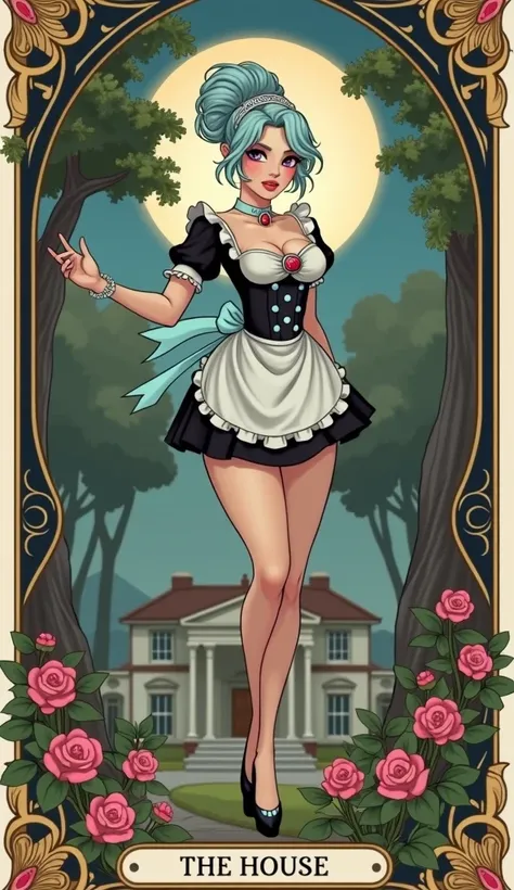 Create the tarot card the house, make a house in the background and a woman in maid clothes in front of the house, she has light blue hair tied in a high bun, her clothes are white with black and have a light blue ribbon with a round red crystal in the mid...