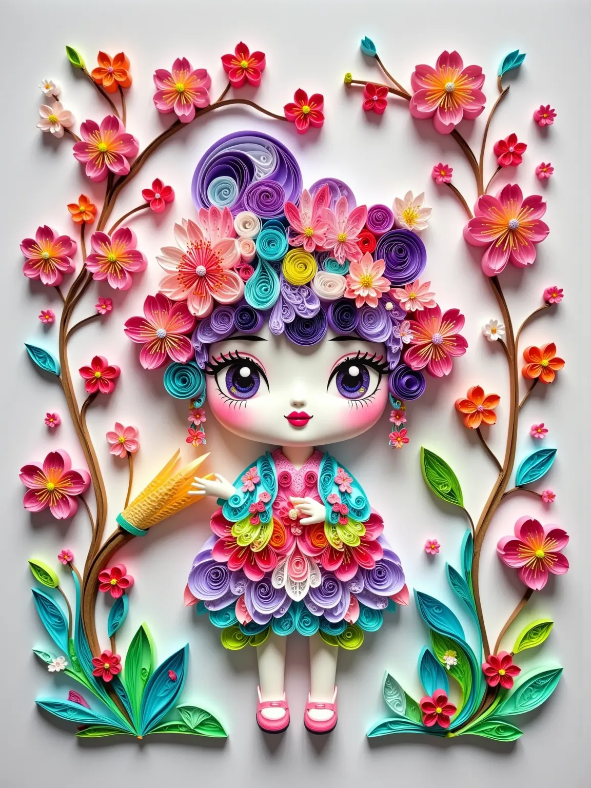 (paper art, Quilted paper art, geomerty), Yayoi Kusama, Polka Dots, Dot array, tall flowers and greenery, The picture shows a Q version of a , wearing a pompom with a bear pattern, Step on a pair of small white shoes, with her furry hair tied in a ponytail...