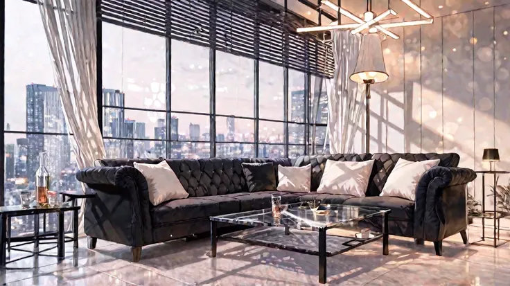 luxury modern penthouse interior, modern black and white interior, workable background,high quality, professional,Rich Details,Vibrant colors,Soft Focus