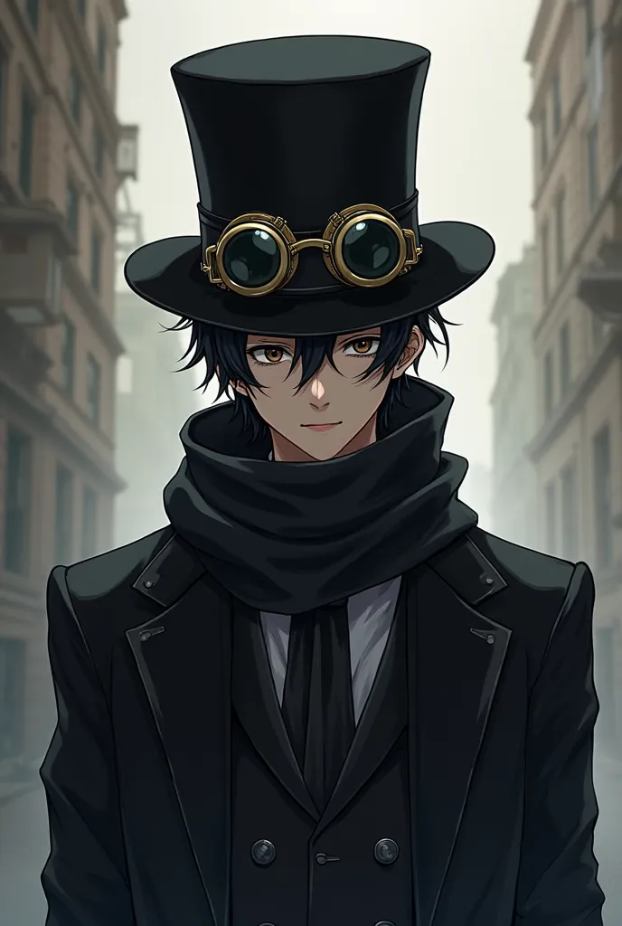 anime guy wearing a eyepatch black scarf black top hat and black googles on the tophat and wearing a suit 