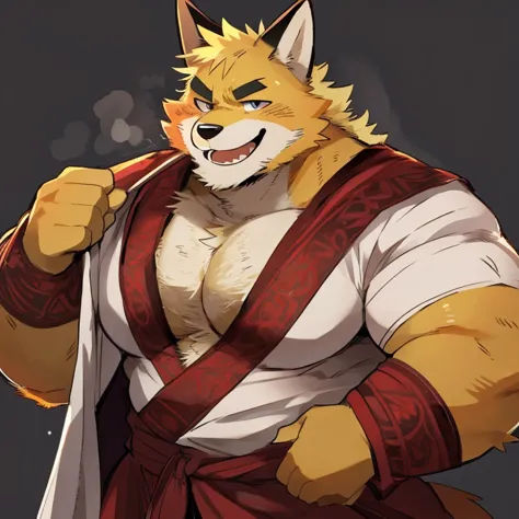 fox, furry, yellow fur, handsome, very muscular, very big, extremely hot and sexy, beard, hair, chest hair, charming eyes, solo, male, happy expression, daddy, full body, big body, red medieval clothes, middle aged, by hyaku, by darkgem, by glitter trap bo...