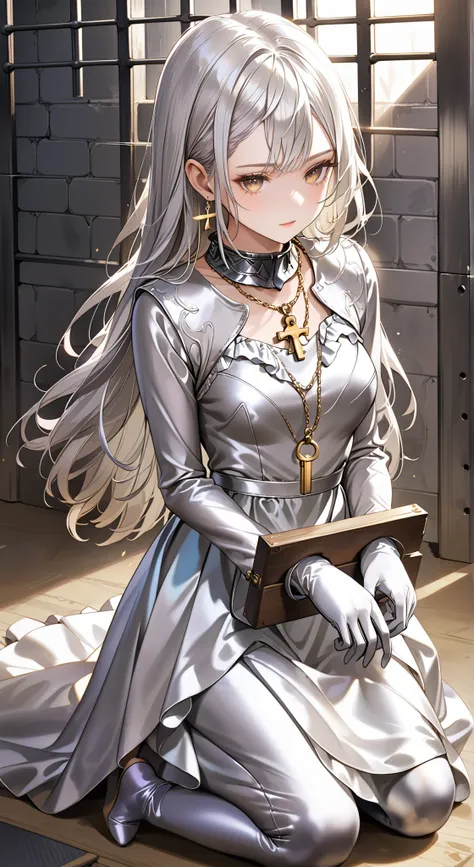 portrait、god々Shining light、( masterpiece, top quality, Ultra High Resolution ),Extremely detailed CG, Japanese woman with pale silver hair,(( beautiful face)),(( long sleeve long dress made of pale silver satin))、((The dress has a simple design without e...