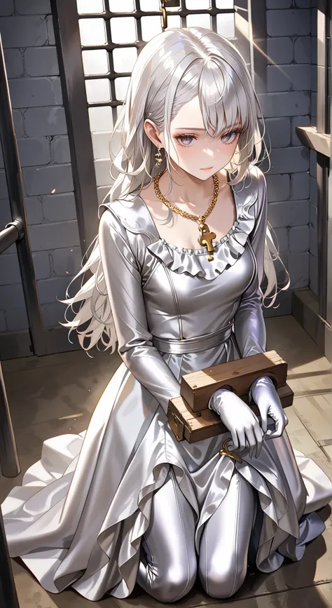 portrait、god々Shining light、( masterpiece, top quality, Ultra High Resolution ),Extremely detailed CG, Japanese woman with pale silver hair,(( beautiful face)),(( long sleeve long dress made of pale silver satin))、((The dress has a simple design without e...