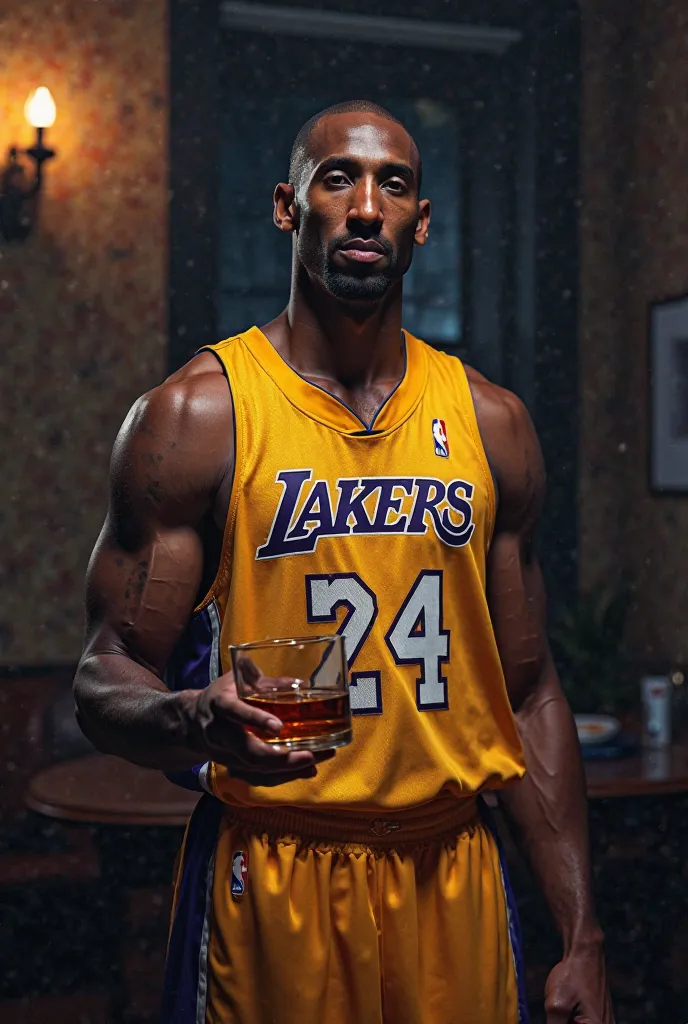 Kobe Bryan wearing the Lakers outfit with a glass of whiskey in his hand