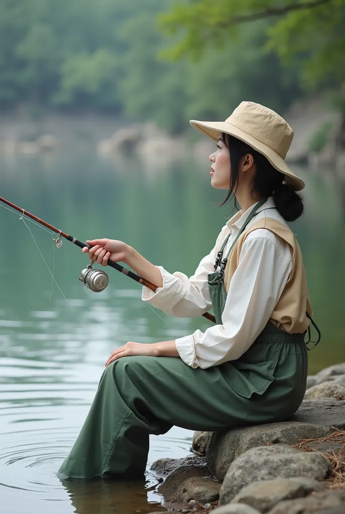 Create a highly realistic, photo-quality image of a japanese woman fishing by a serene lake. The woman is sitting on the edge of the water, holding a fishing rod with a line cast into the lake. She is wearing a light beige fishing vest, a white long-sleeve...