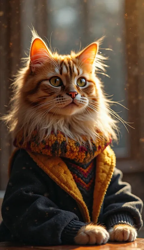 Hogwarts hufflepuff  building student cat, perfect picture,  realistic,  ultra-detailed , HDR, high resolution, flawless lighting, Professional, Vivid colors, shiny, lass, Cute , curious expression, furry, soft glances, sunny interior, rich detail, gölgele...