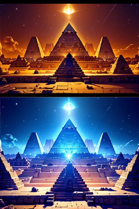 Ancient Egyptian Goddesses、Put on intricate technical clothes with、pyramids and cities in the background、Light and Shadow、 Emits Blue Light 、high quality,4K,Art of Light,surrealism,fantasy,Portrait,Digital Oil Painting,realistic,Excellent color,Details