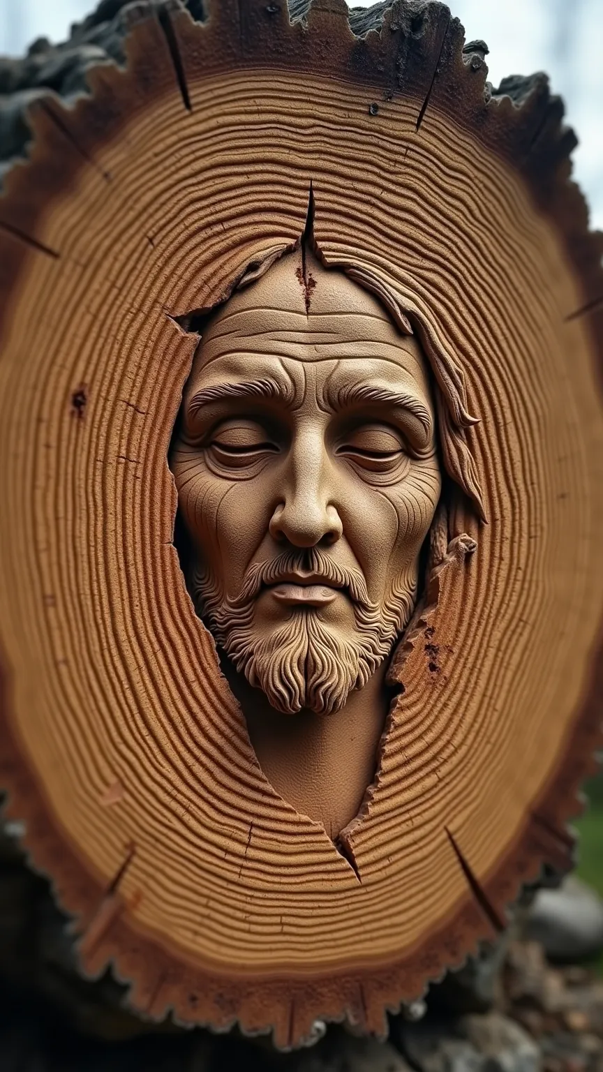 a freshly sawn tree trunk with annual rings. With a little imagination, you can recognize the face of Jesus in the patterns of the wood, fast so, As if it were burned into nature. meditative ,  Close Up , detailed, high resolution, 4K, ultra-realistic,  ph...