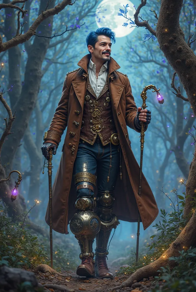 *"An elegant 19th century steampunk doctor is in an enchanted forest. He has short hair and blue, a well-kept hipster mustache and a happy smile and energetic. Is , athletic and moves confidently. He wears a long brown steampunk coat with brass details and...