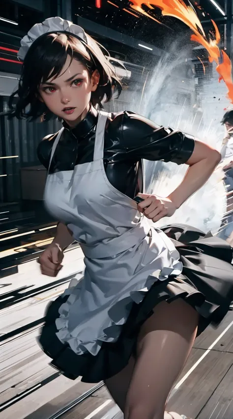 holding a rifle , portrait,solo, running very fast, (motion blur:1.5), battlefield, fighting stance, dust,smoke , fire line, 
,maid,  latex, enamel leather, dark red eyes, gray short hair, apron, showgirl skirt, bussouko,