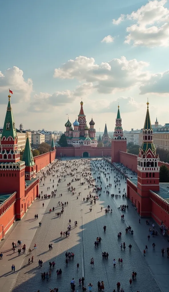 Hgraphic elements, Dynamic Light, Cinematics, HDR, UHD, professional PHOTOGRAPH OF:”
  Panoramic View of Red Square
"Create a sweeping panoramic view of Red Square, depicting the vast open space surrounded by grand historical buildings. Highlight the impos...