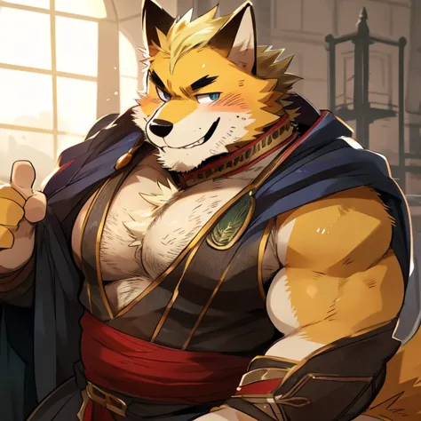 fox, furry, yellow fur, handsome, very muscular, very big, extremely hot and sexy, beard, hair, chest hair, charming eyes, solo, male, happy expression, daddy, full body, big body, red medieval clothes, middle aged, by hyaku, by darkgem, by glitter trap bo...