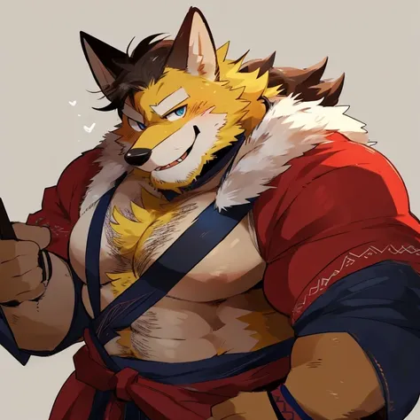 fox, furry, yellow fur, handsome, very muscular, very big, extremely hot and sexy, beard, hair, chest hair, charming eyes, solo, male, happy expression, daddy, full body, big body, red medieval clothes, middle aged, by hyaku, by darkgem, by glitter trap bo...