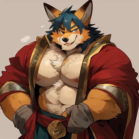 fox, furry, yellow fur, handsome, very muscular, very big, extremely hot and sexy, beard, hair, chest hair, charming eyes, solo, male, happy expression, daddy, full body, big body, red medieval clothes, middle aged, by hyaku, by darkgem, by glitter trap bo...