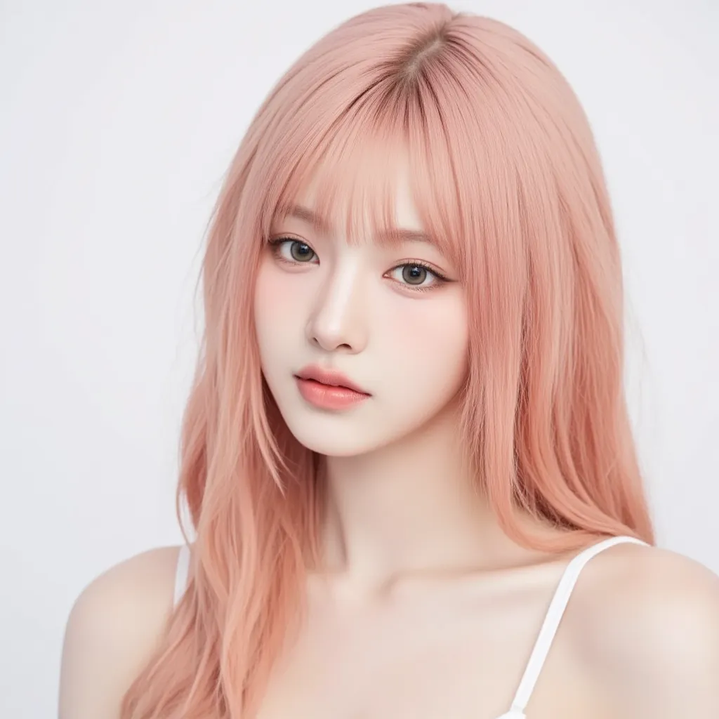 A kpop girl, korean, strawberry blonde hair,, pretty smile, douyin makeup, gorgeous, , stunning, lovely, basic, plain white background, trainee photo, white shirt (tank top)Parted Bangs, Low Ponytail, princess big curls