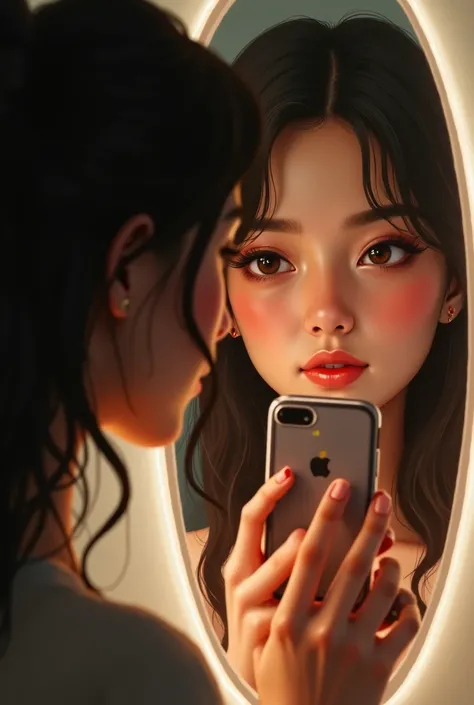 Pretty girl in front of the mirror with her cell phone 