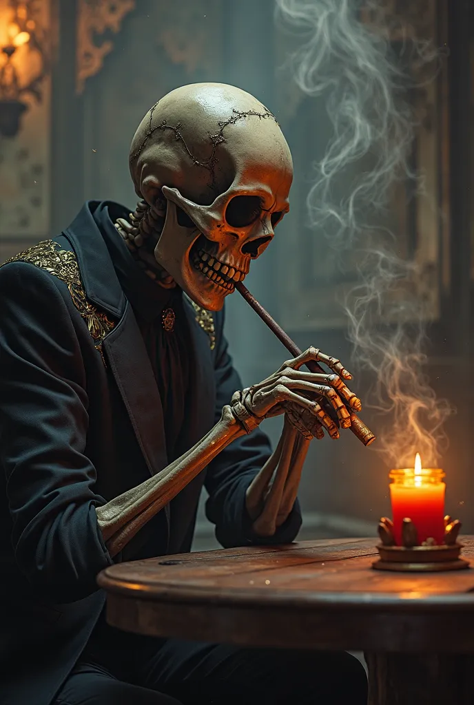 a close up of a person sitting at a table with a skeleton, digital art by Ignacio Zuloaga, trend in society cg, Gothic art, Gothic art style, skeletons smoking cigars,  Gothic horror vibrations ,  inspired by the occult , goddess of death,   highly detaile...