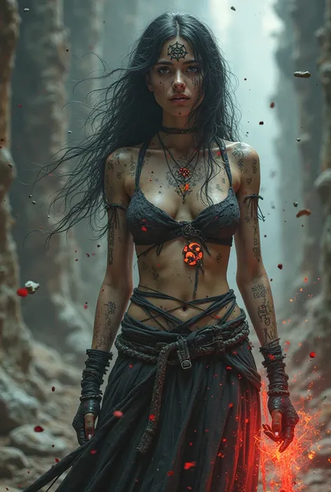 Young anime supernatural girl made of stones and runes with black and red rune outfit, slave markings and scars on face, prisoner outfit