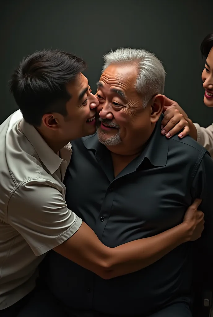 Make a Chinese man lying in an office having his big butt touched by several employees,The employees have a happy face and so does the man being touched,realistically toned image